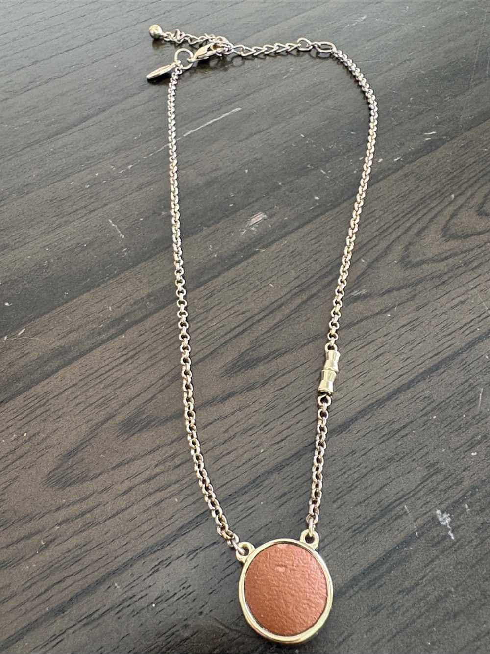 Chico's Gold-Tone Necklace with Brown Circular Leather Accent